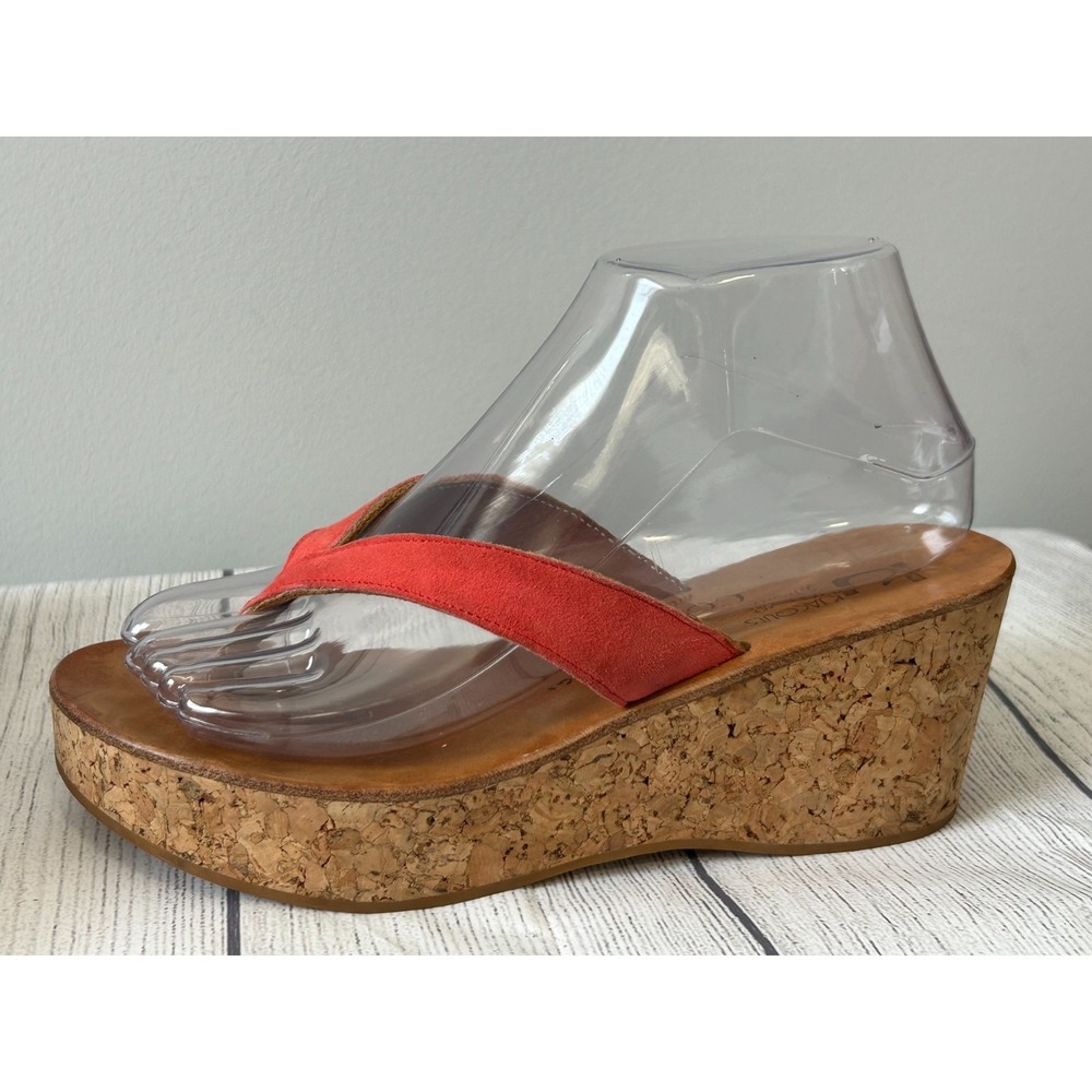 K Jacques St Tropez Diorite Sandals 8 Red Leather Cork Wedge Thong Slip On Boho - Picture 5 of 13